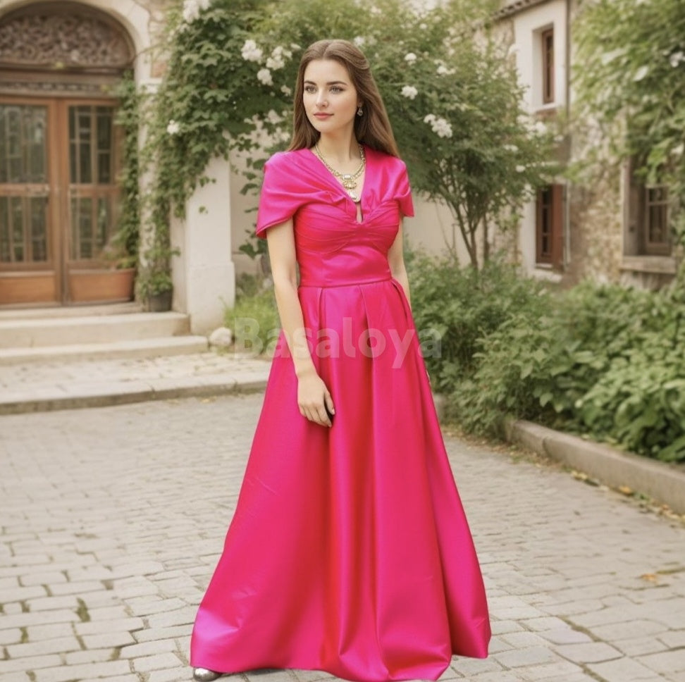 SP0026 Elegant Fuchsia Cap Sleeve A-Line Satin Prom Party Dress