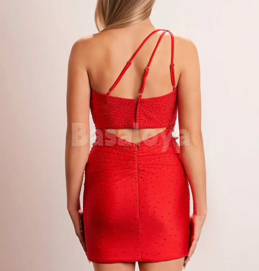 HM0127 Luxury Red One Shoulder Bodycon Mini Homecoming Gown with Beads