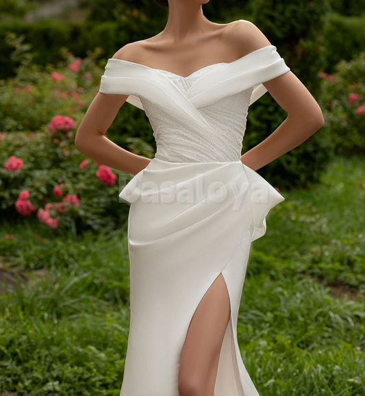 WD0030 Gorgeous Off-Shoulder Sheath Side Slit Wedding Dress with Sequins