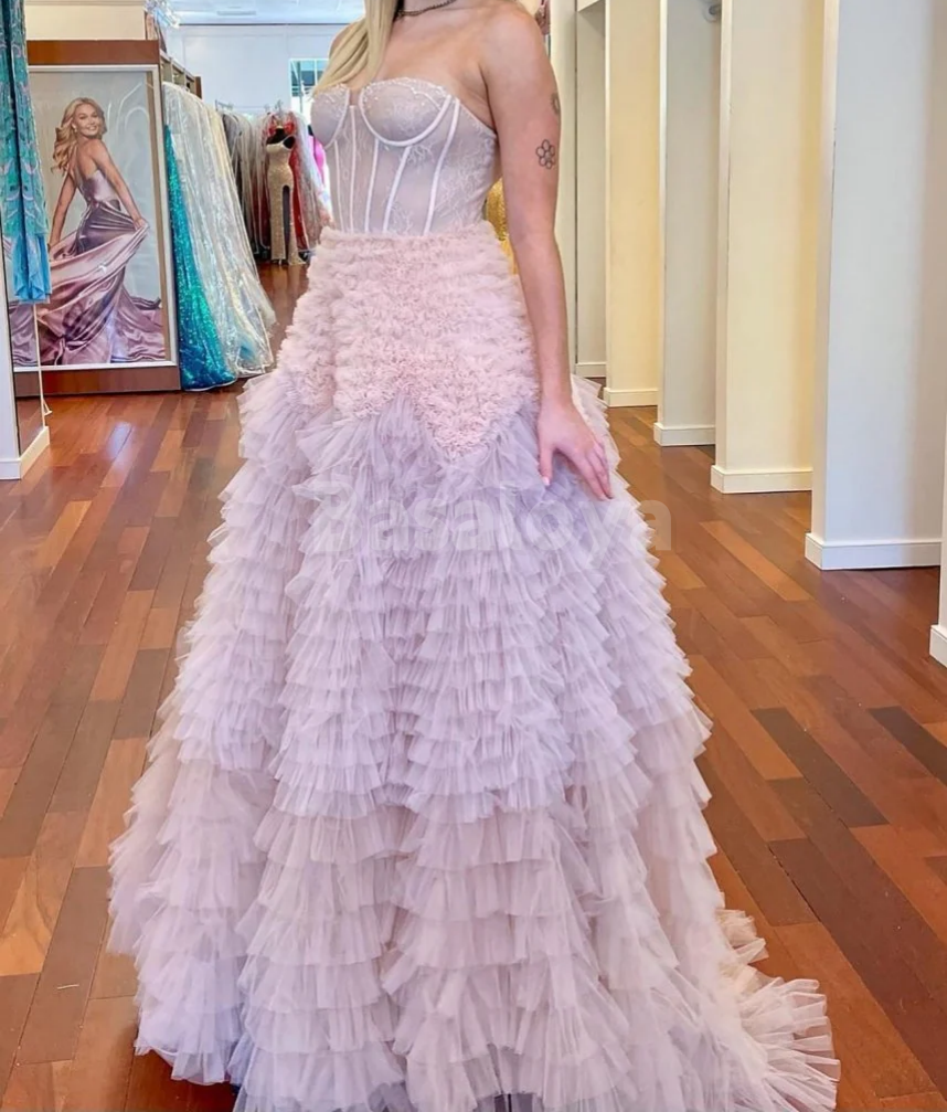 SP0186 Elegant Blue Sweetheart A-Line Tiered Lace Ball Gown Prom Dress