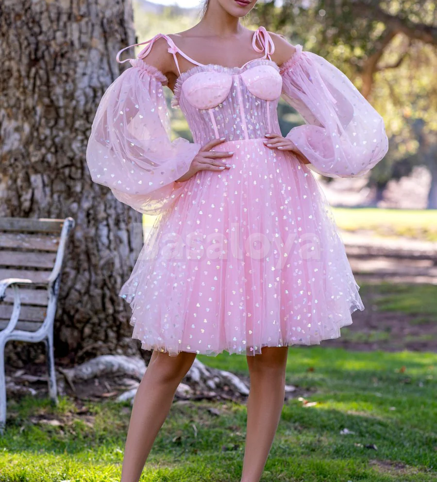 HM0137 Cute Pink Long Sleeves A-Line Knit Mini Homecoming Dress