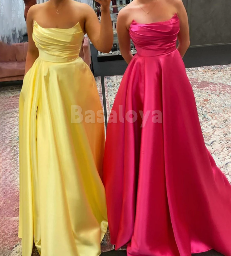 SP0169 Simple Yellow Strapless A-Line Pleated Long Prom Dress Formal Gown