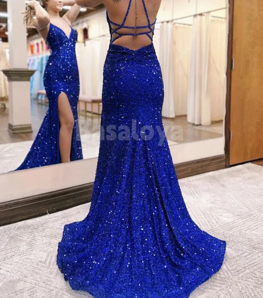 SP0151 Sparkly Burgundy V-Neck Bodycon Sequin Prom Evening Dress with Slit