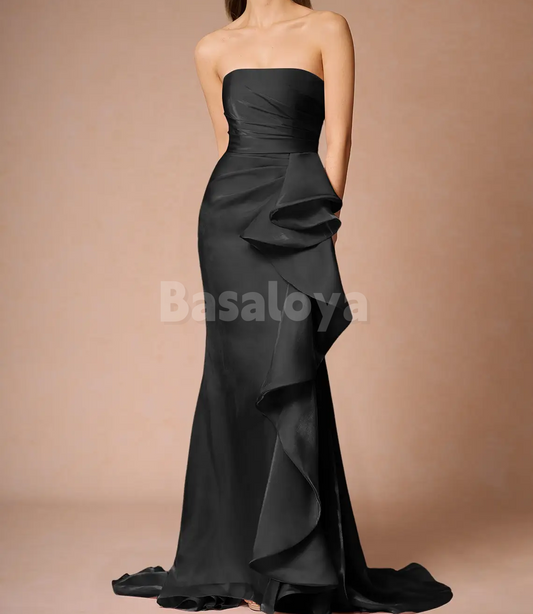 SP0263 Simple Black Tube Top Bodycon Pleated Prom Formal Gown with Train