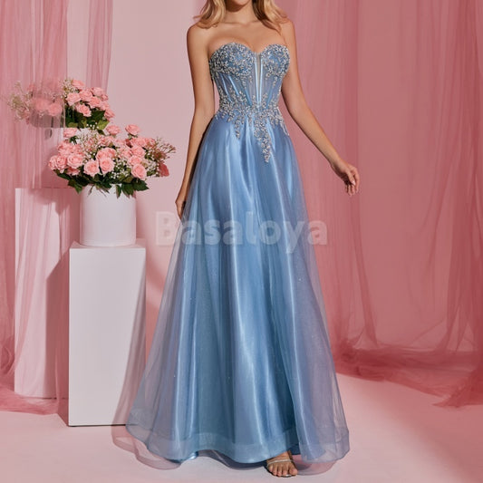 ED0038 Elegant Blue Sweetheart A-Line Beaded Long Evening Dress