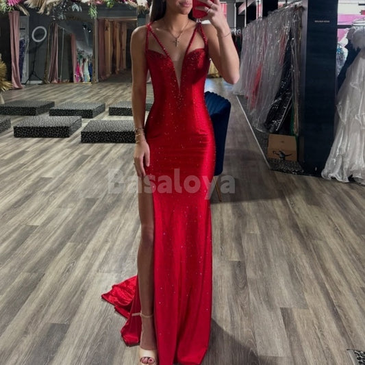 ED0015 Sexy Red V-Neck Sheath Lace-Up Beaded Satin Evening Dress with Slit