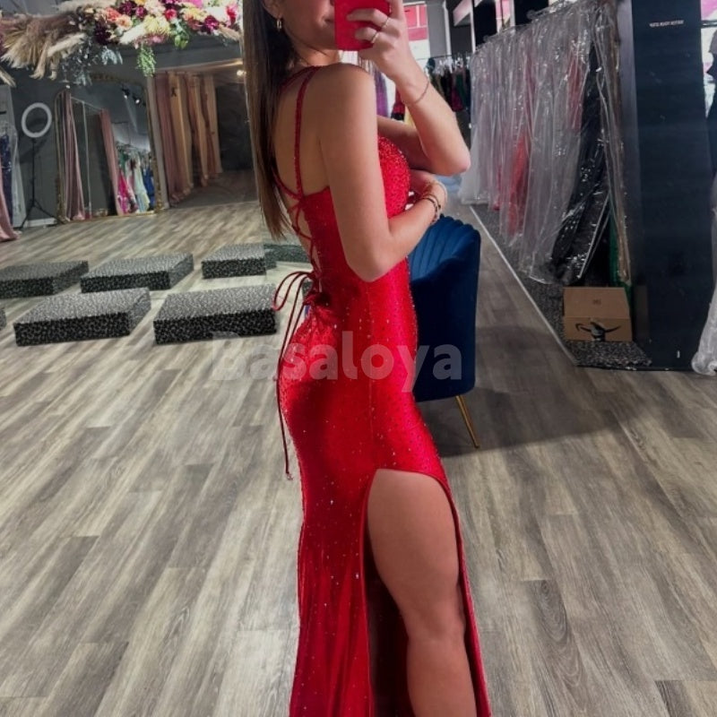 ED0015 Sexy Red V-Neck Sheath Lace-Up Beaded Satin Evening Dress with Slit