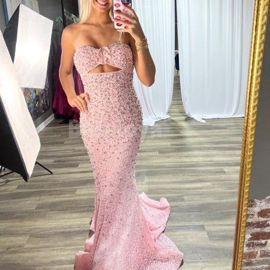 ED0018 Luxury Pink 3D Beaded Floral Sweetheart Mermaid Evening Dress with Pearls