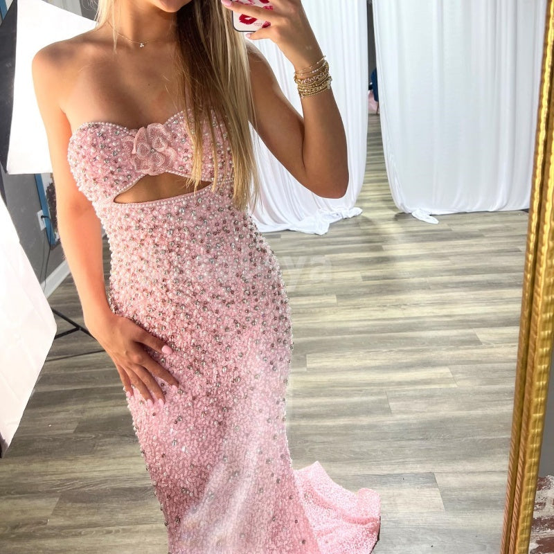 ED0018 Luxury Pink 3D Beaded Floral Sweetheart Mermaid Evening Dress with Pearls