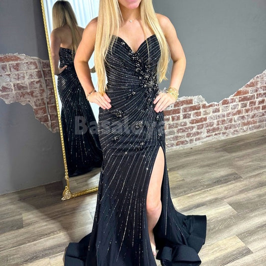 ED0019 Sparkly Beaded Black Sweetheart Side Slit Mermaid Evening Dress with Train
