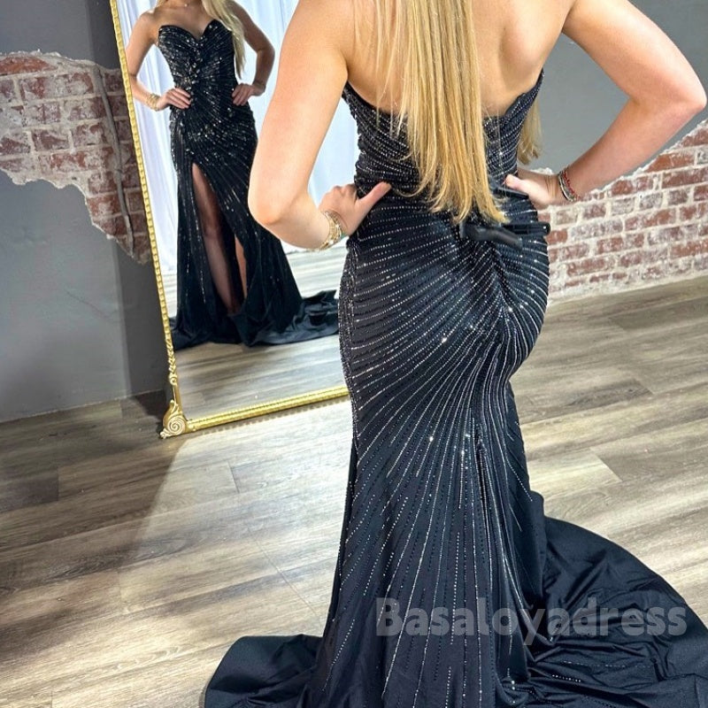 ED0019 Sparkly Beaded Black Sweetheart Side Slit Mermaid Evening Dress with Train