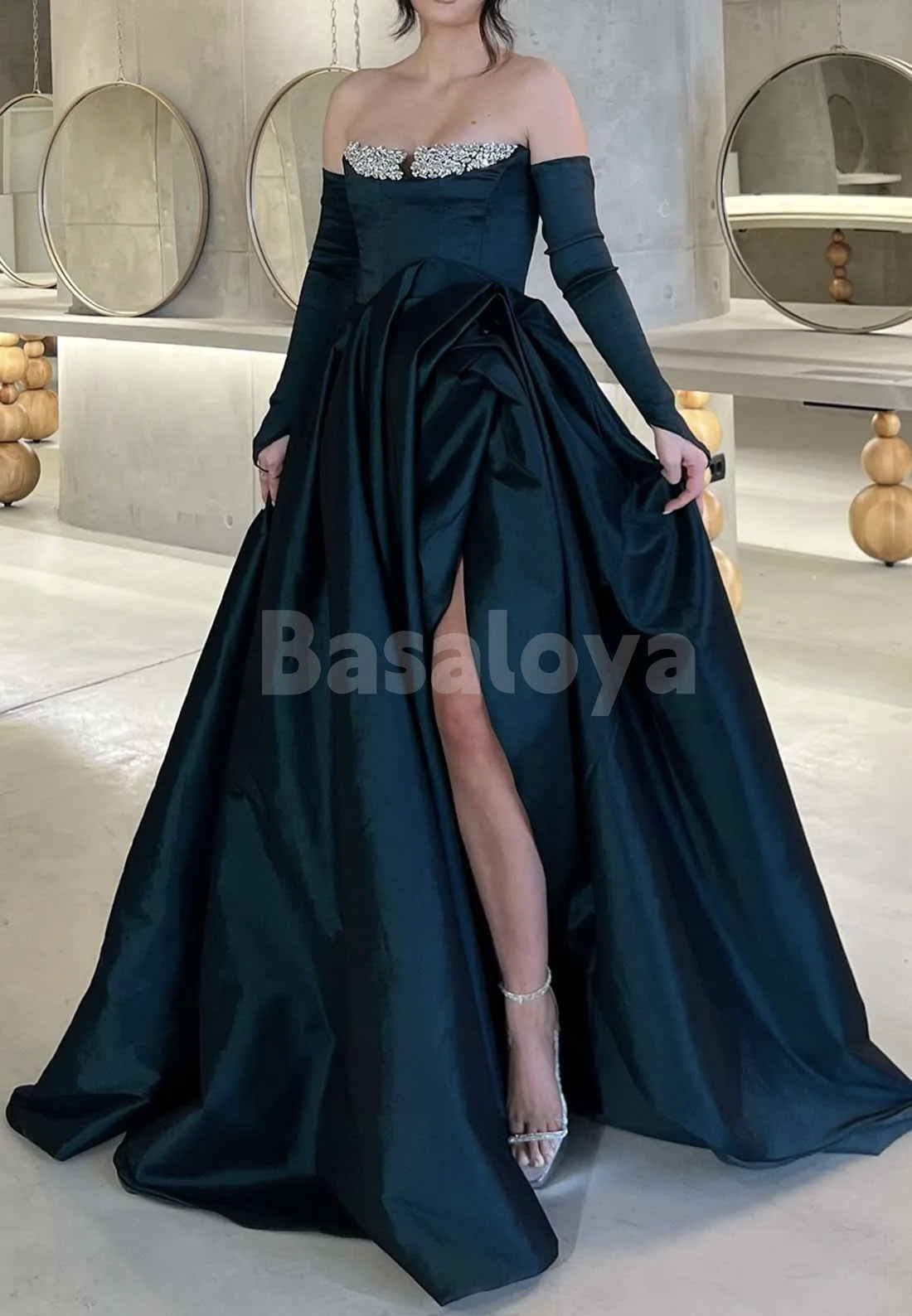 ED0051 Luxury Beaded Red Strapless A-Line Ruched Evening Gown with Gloves
