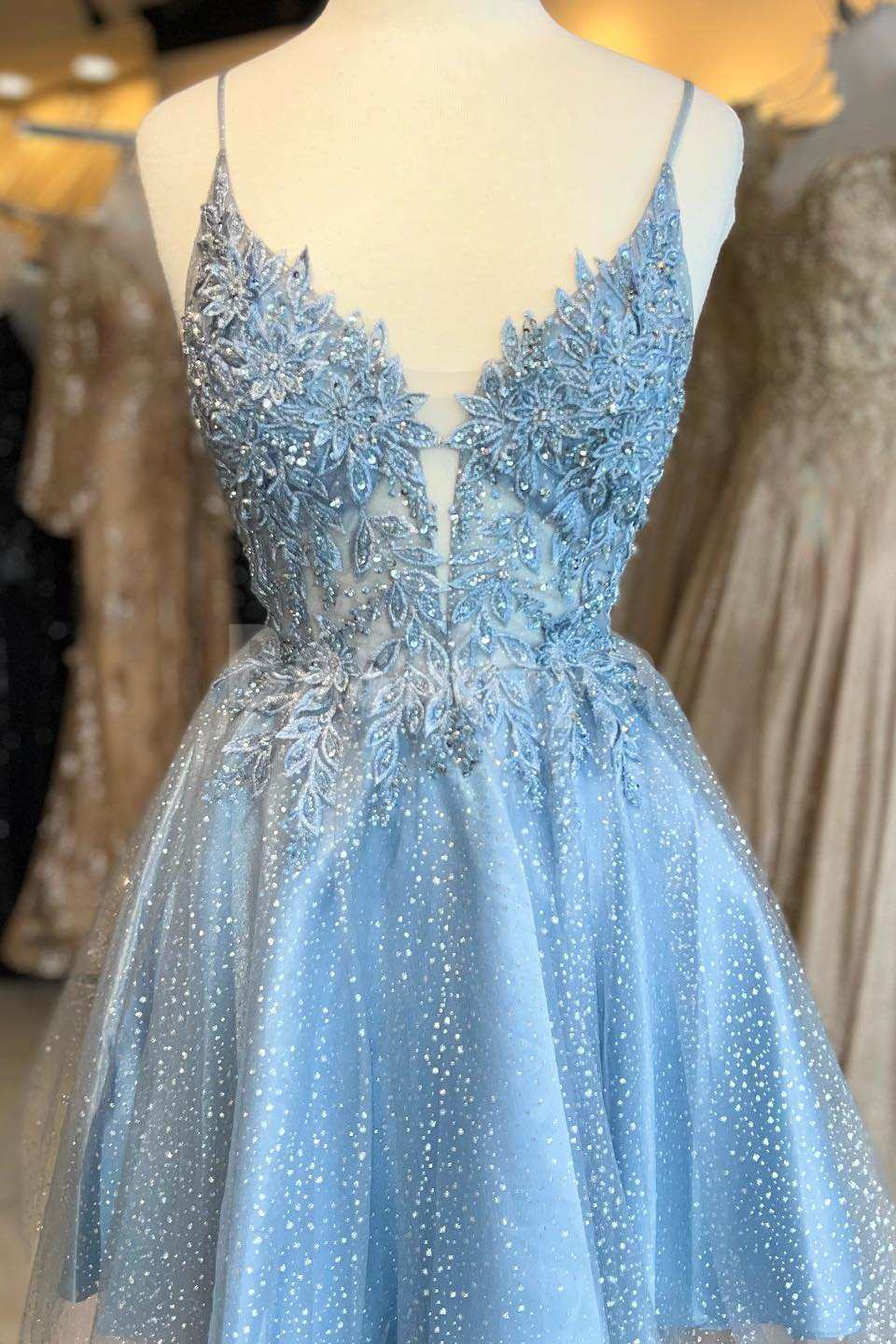 HM0156 Sparkly Blue V-Neck A-Line Appliques Short Homecoming Gown with Beads