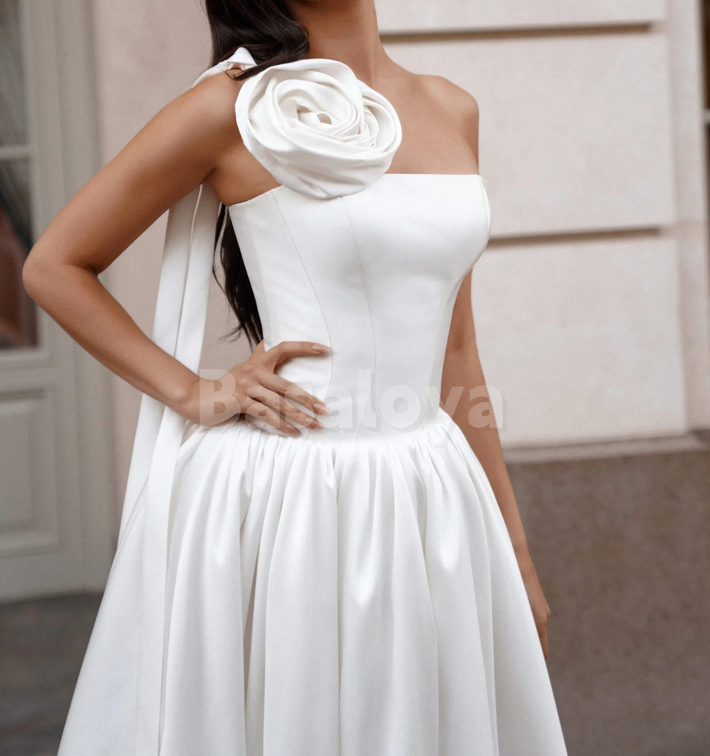 WD0169 Classic 3D Floral White One Shoulder A-Line Pleats Midi Bridal Gown