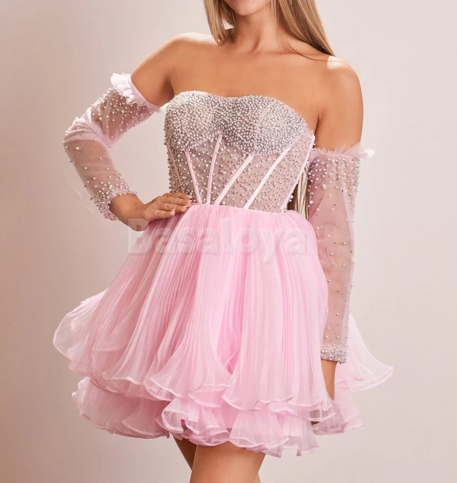 HM0131 Luxury Pink Pearls Long Sleeves A-Line Tiered Homecoming Dress