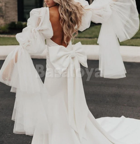 WD0076 Luxury White V-Neck Long Sleeves Bodycon Wedding Gown with Bow