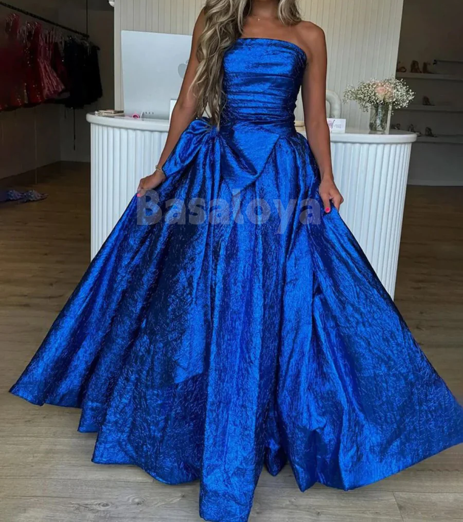 SP0157 Glamorous Royal Blue Strapless A-Line Pleats Party Prom Dress with Bow