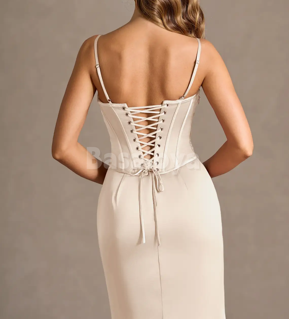 SP0275 Graceful Beige Strapless Sheath Long Satin Prom Formal Gowns