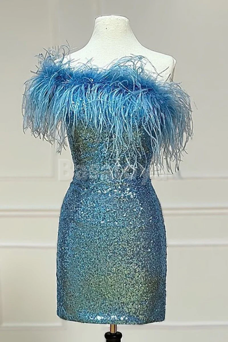HM0143 Elegant Blue One Shoulder Sheath Sequins Party Gown with Feather