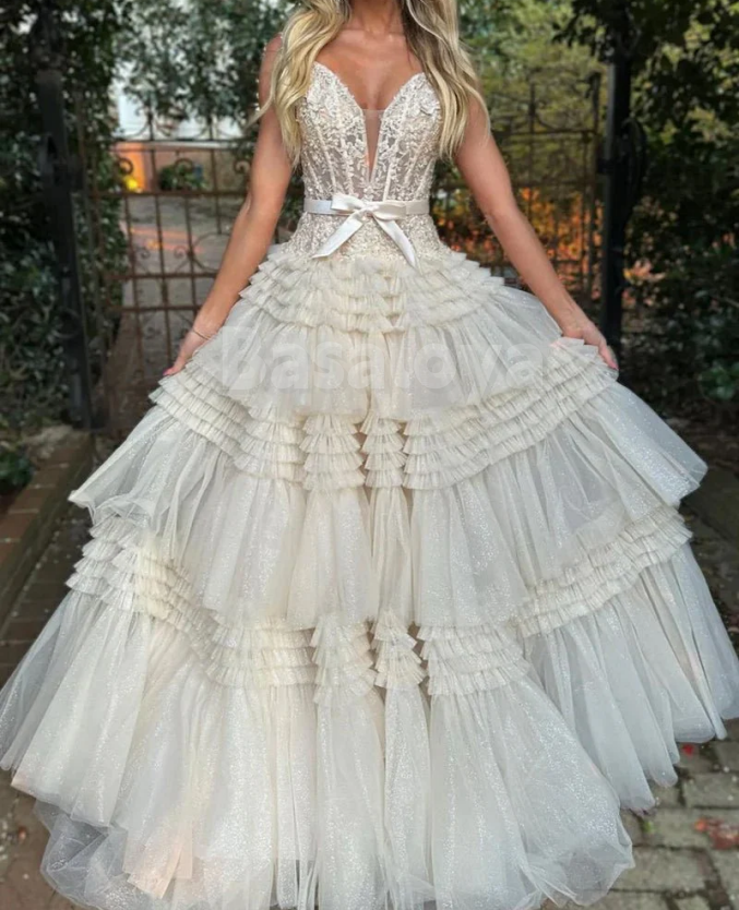 SP0149 Elegant Appliques Pink Off-Shoulder A-Line Tiered Prom Dress with Bow