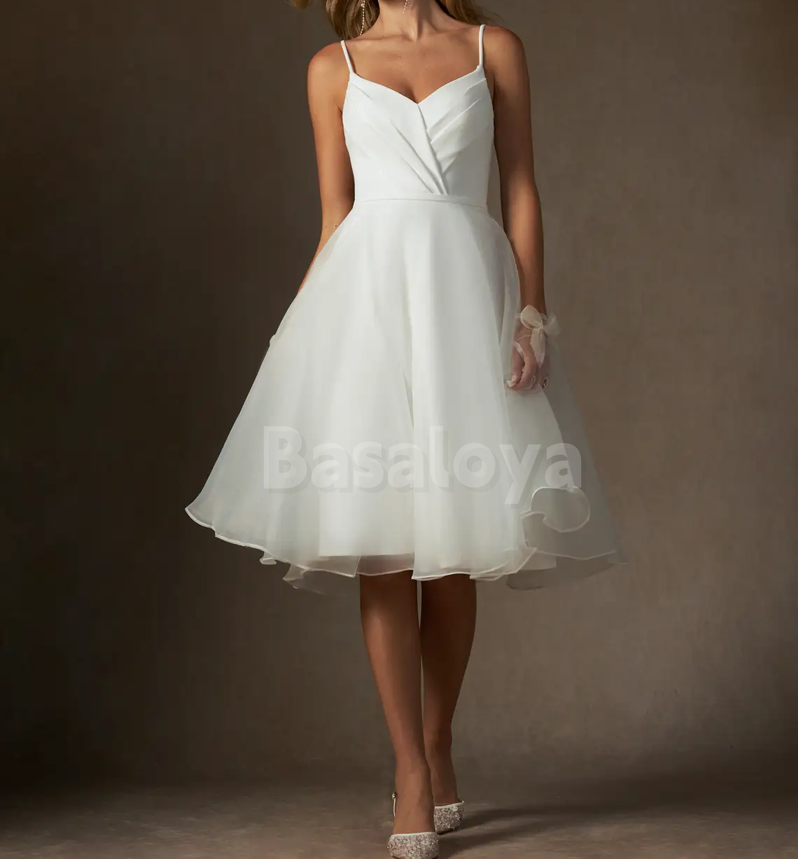 WD0098 Classic White V-Neck Spaghetti Straps A-Line Short Wedding Dress