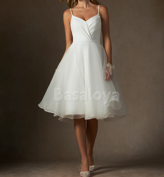 WD0098 Classic White V-Neck Spaghetti Straps A-Line Short Wedding Dress