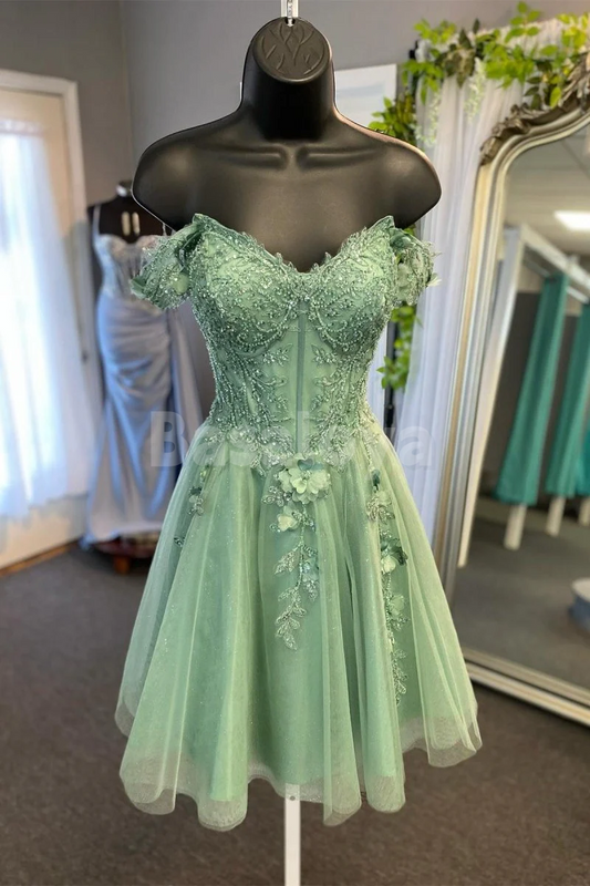 HM0158 Luxury 3D Floral Sage Off-Shoulder A-Line Short Beads Homecoming Dress