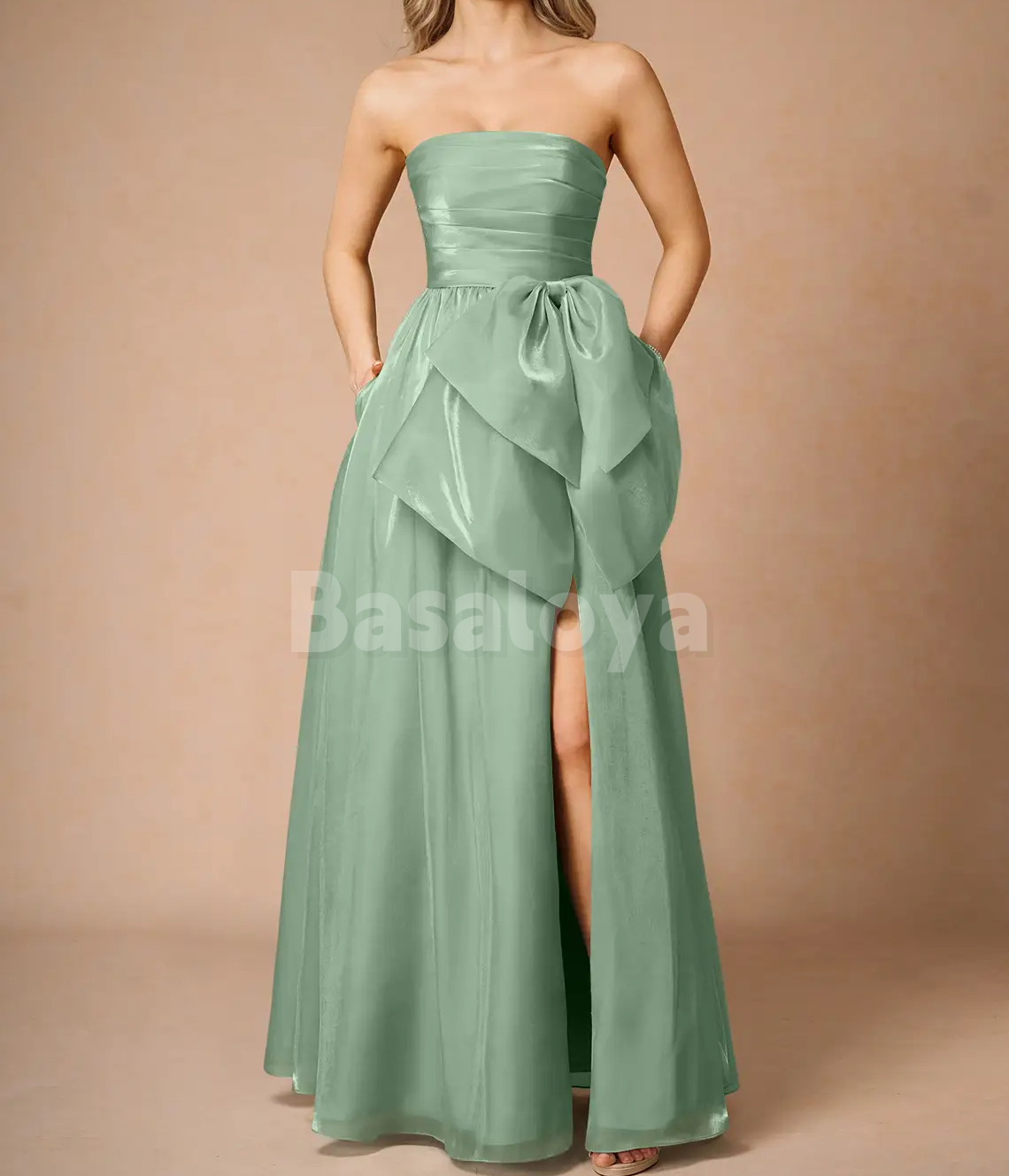 SP0280 Simple Black Tube Top A-Line Bow Prom Dress with Slit Party Gown
