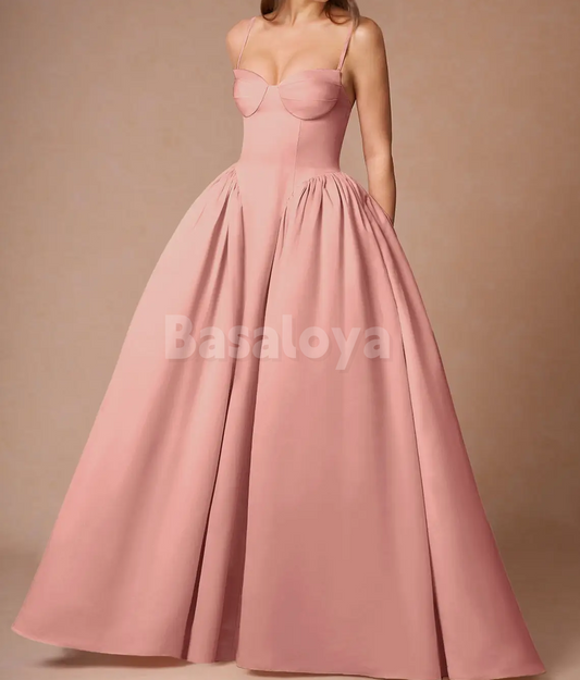 SP0244 Graceful Pink Spaghetti Straps A-Line Satin Prom Dress Party Gown