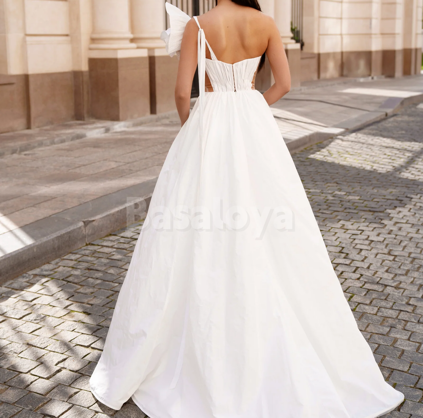 WD0170 Elegant White One Shoulder A-Line Long Wedding Dress with Pleats