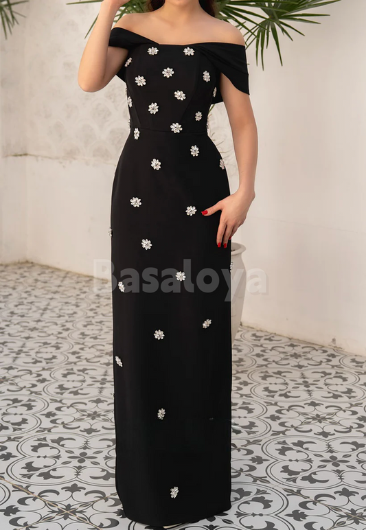ED0073 Elegant Crystal Black Off-Shoulder Straight Evening Party Gown