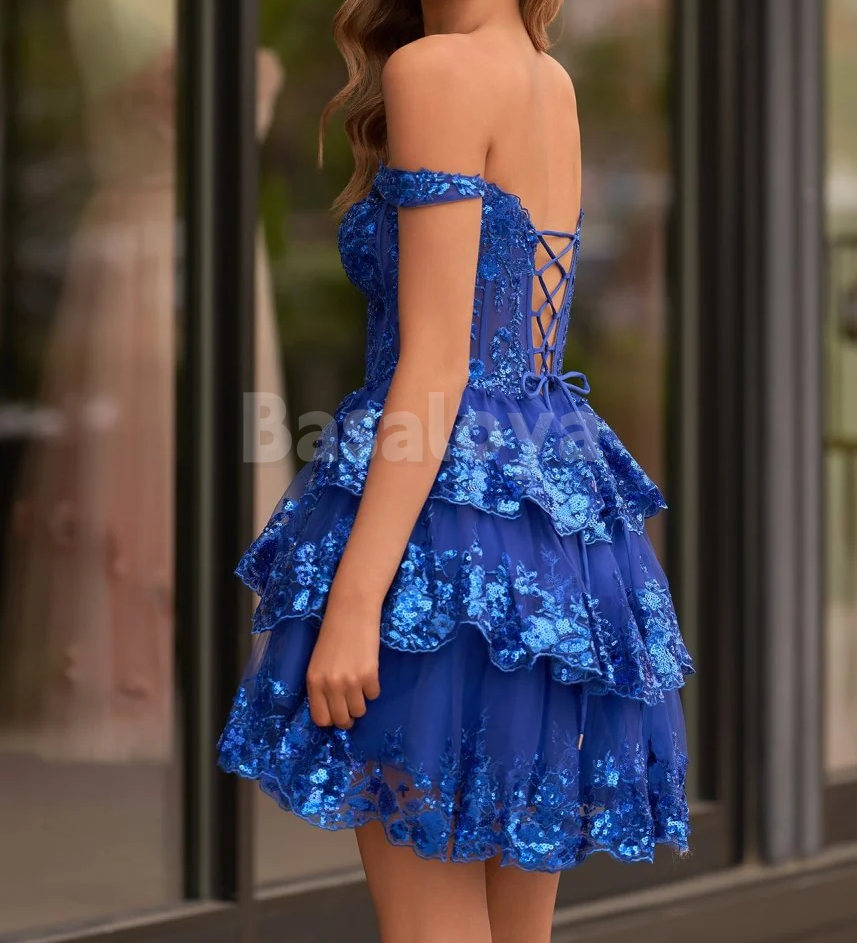 HM0012 Elegant Royal Blue A-Line Sweetheart Tiered Short Homecoming Dress