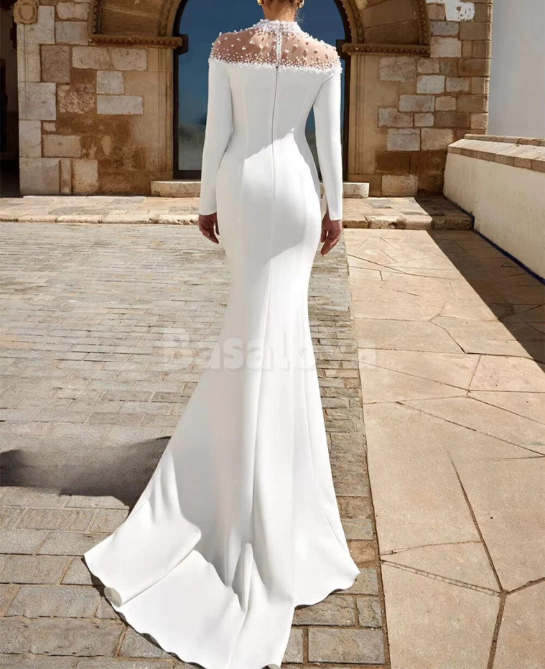 WD0109 Luxury Beaded White High Neck Long Sleeves Mermaid Wedding Gown