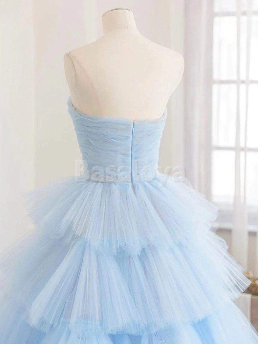 SP0158 Elegant Baby Blue Tube Top A-Line Tiered Ball Gown Prom Dress