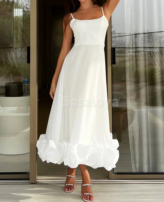 SP0223 Elegant White Spaghetti Straps A-Line Midi Prom Dress with Ruffles