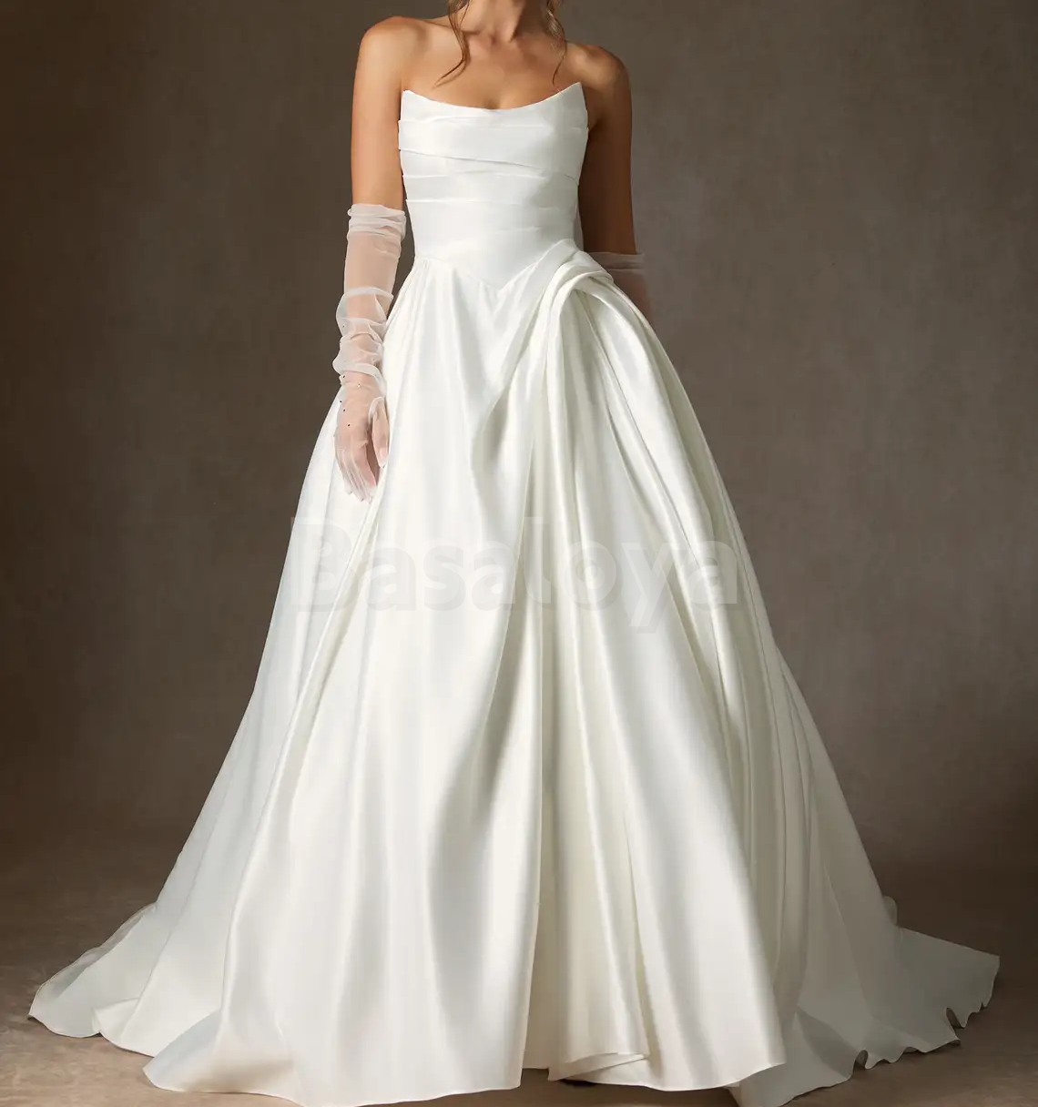 WD0092 Gorgeous White A-Line Strapless Pleated Wedding Dress with Gloves