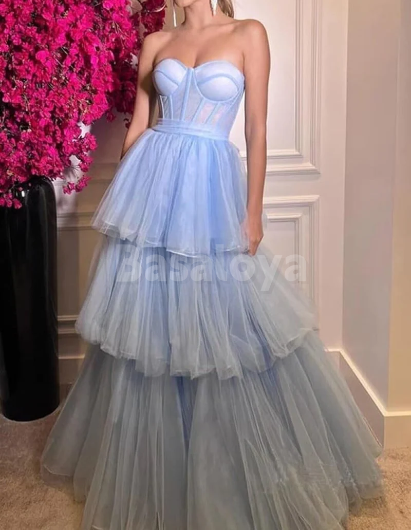 SP0219 Graceful Baby Blue Sweetheart A-Line Tiered Party Prom Dress