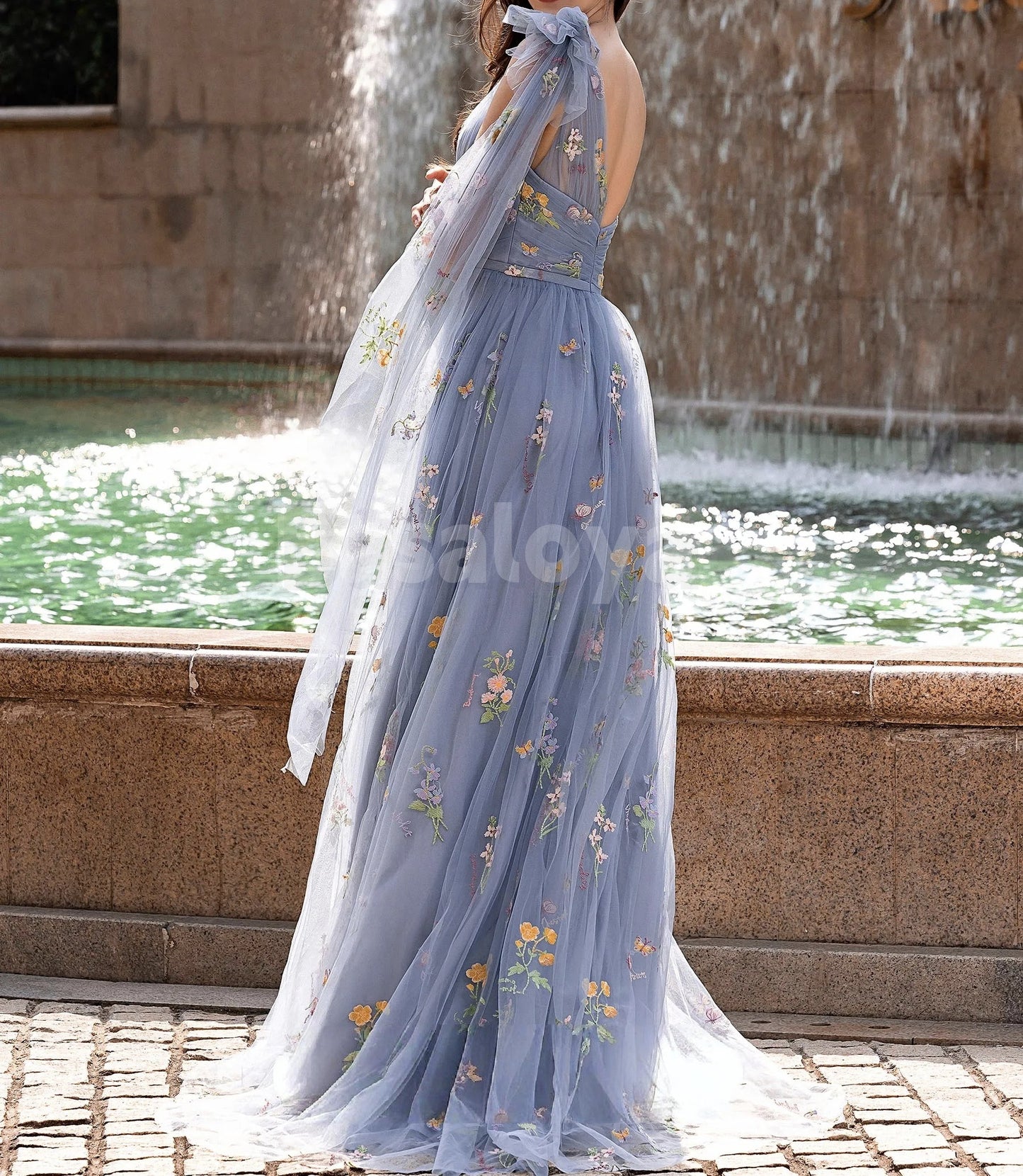 ED0119 Elegant Blue Printed Flower A-Line One Shoulder Evening Gowns