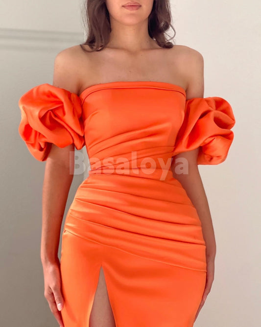 SP0315 Simple Orange Tube Top Sheath Prom Dress with Slit Party Gown