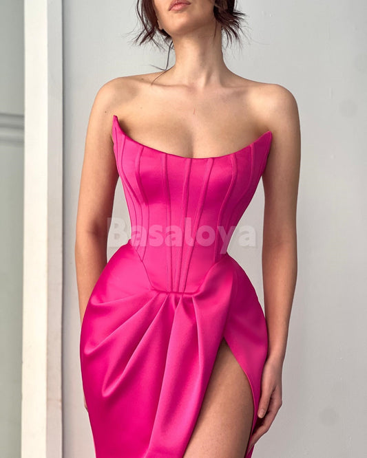 SP0314 Graceful Fuchsia Scoop Neck Sheath Draped Prom Dress with Slit