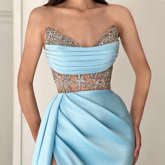 SP0014 Stunning Blue Strapless High Slit Beaded Prom Evening Dress with Train