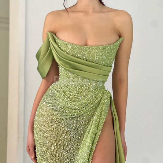 SP0016 Elegant Green One Shoulder Sequined Prom Dress with Slit Bridesmaid Dress