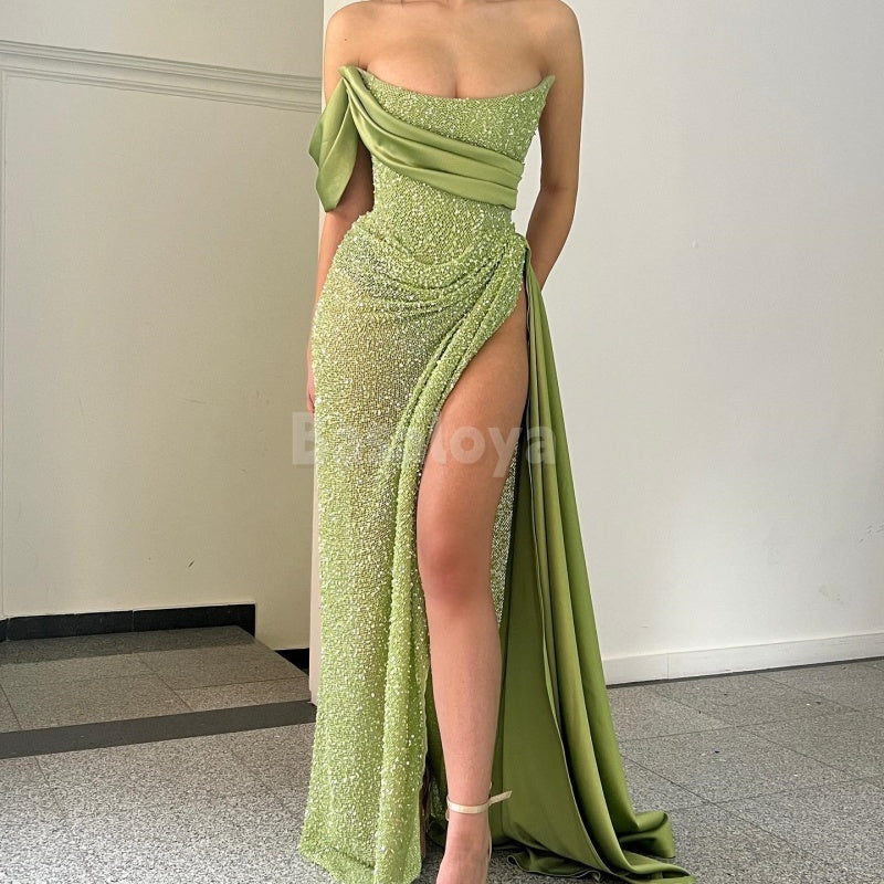 SP0016 Elegant Green One Shoulder Sequined Prom Dress with Slit Bridesmaid Dress