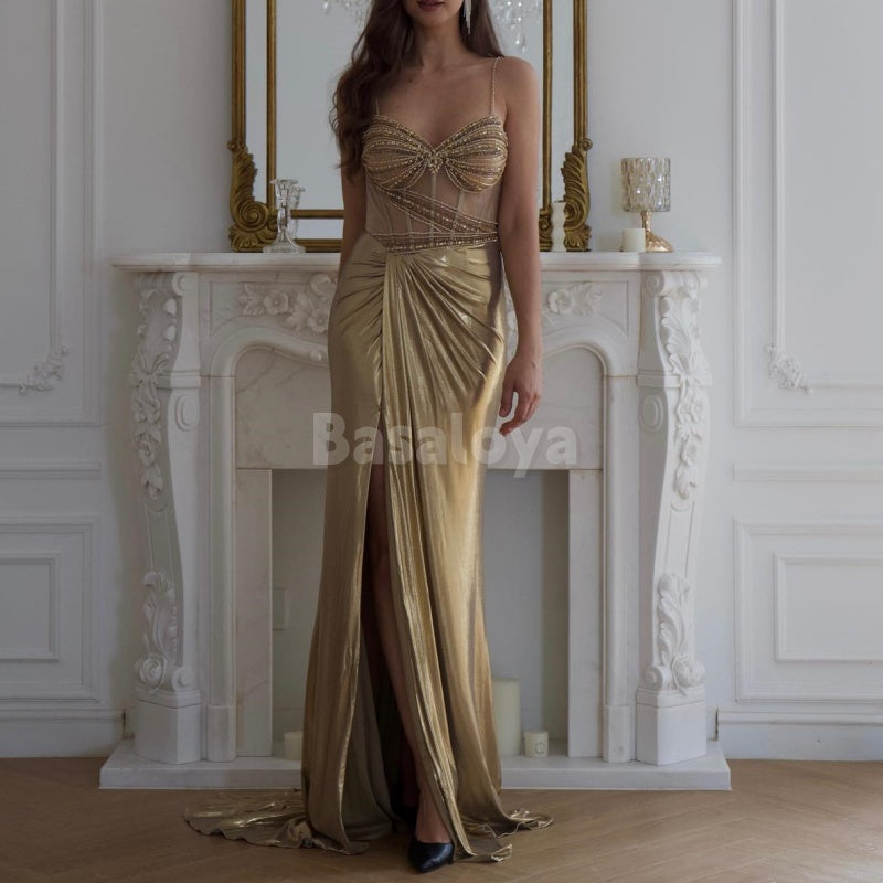 SP0046 Chic Champagne Beaded Spaghetti Straps Metallic Prom Dress with Slit