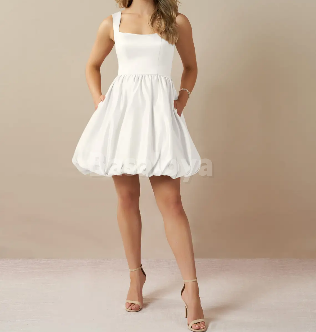WD0121 Elegant White Square Neck A-Line Short Wedding Dress with Pockets