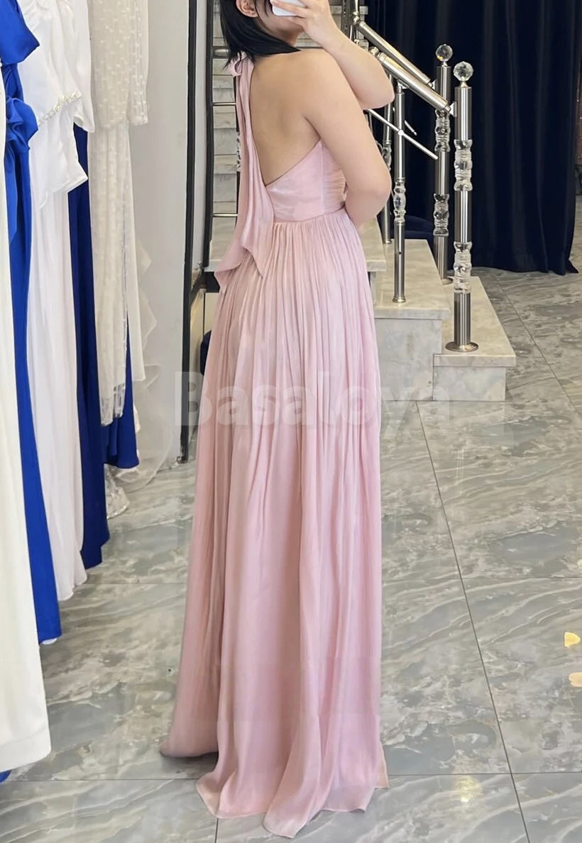 ED0071 Elegant White 3D Pearls Floral Halter A-Line Chiffon Evening Gown