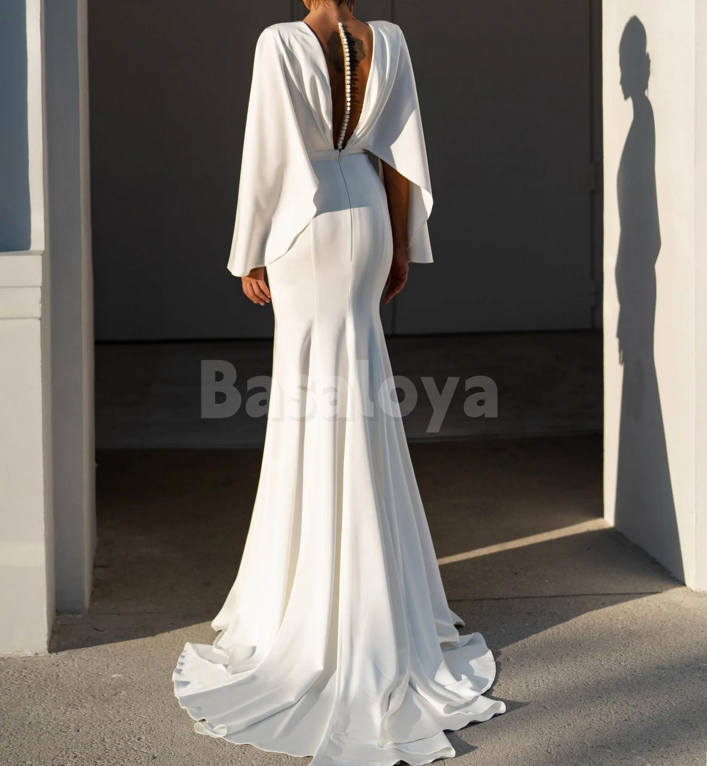 WD0154 Chic White V-Neck Cape Sleeve Mermaid Wedding Dress with Train