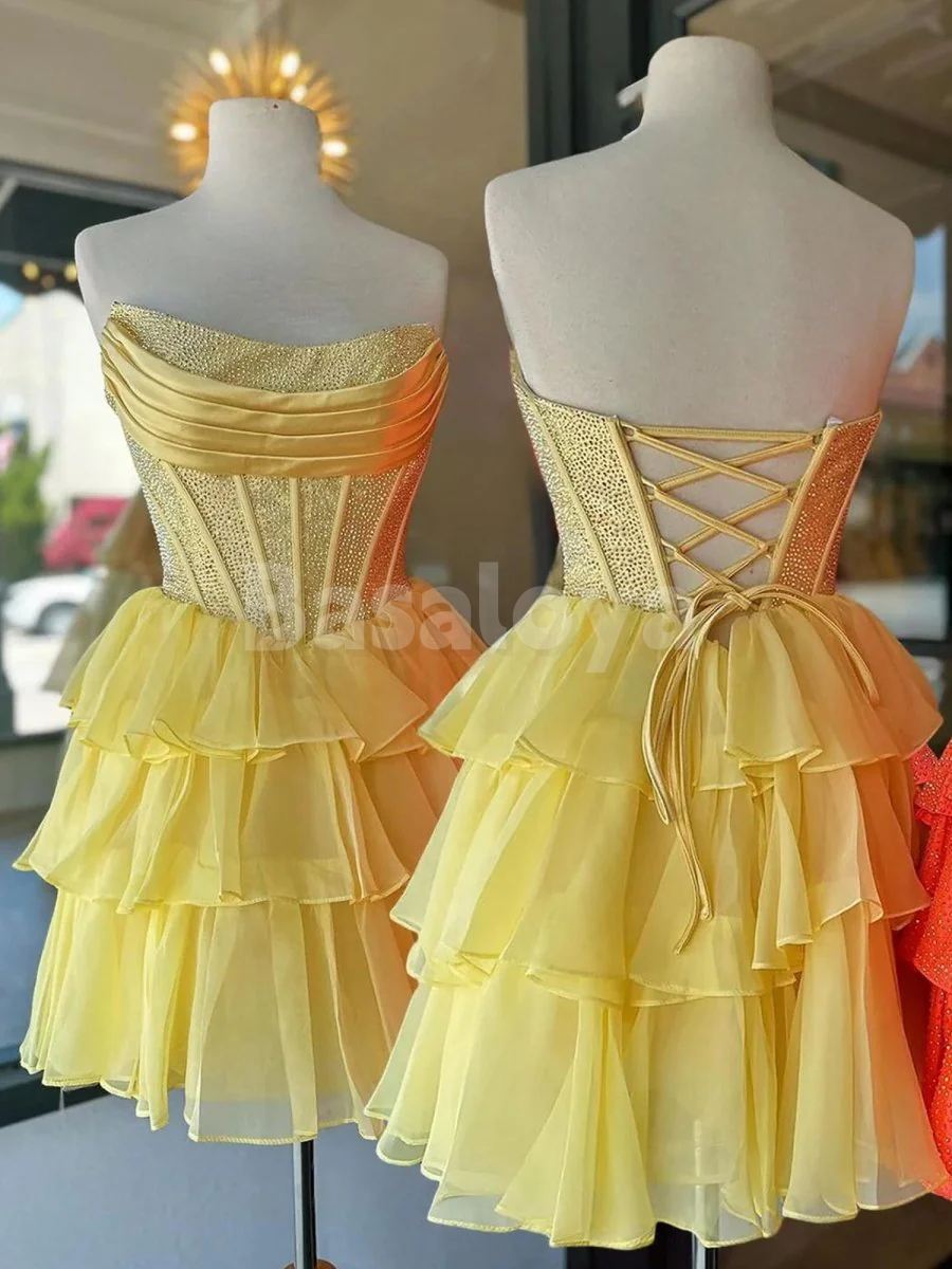 HM0049 Stunning Yellow Beaded Strapless A-Line Tiered Homecoming Gown