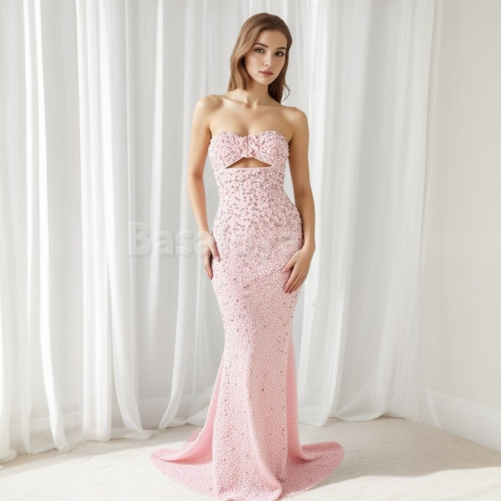 ED0018 Luxury Pink 3D Beaded Floral Sweetheart Mermaid Evening Dress with Pearls