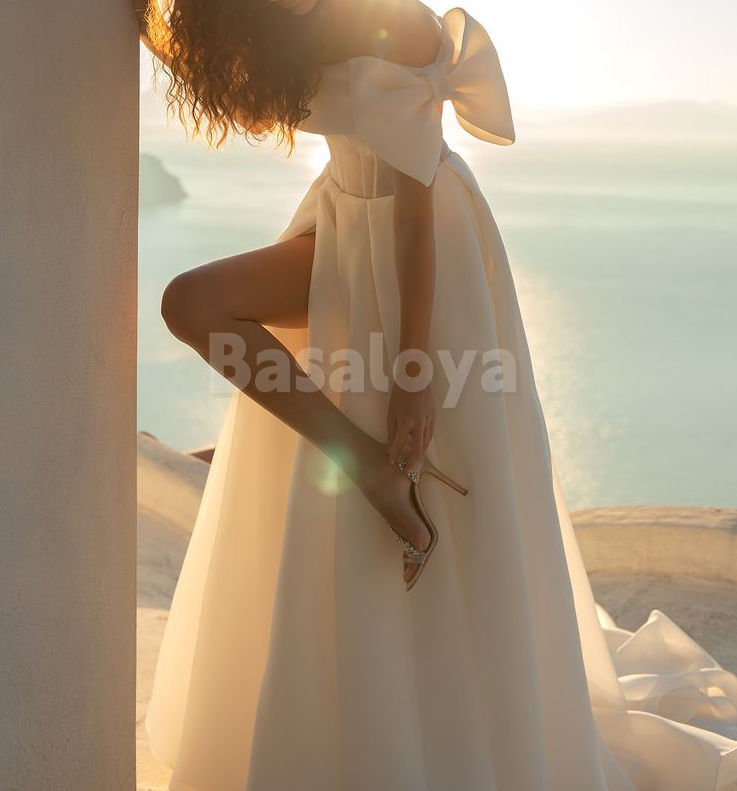 WD0029 Elegant Off Shoulder A-Line Side Slit Pleated Wedding Gown with Bow